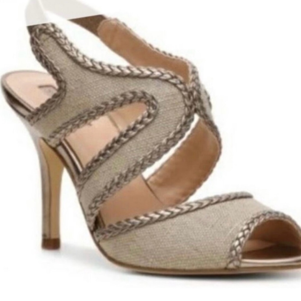 Tahari “Lauren” SZ 8 BEIGE LINEN LOOK LEATHER OPEN TOE 4” Sandals GOLD BRAID - Picture 1 of 5